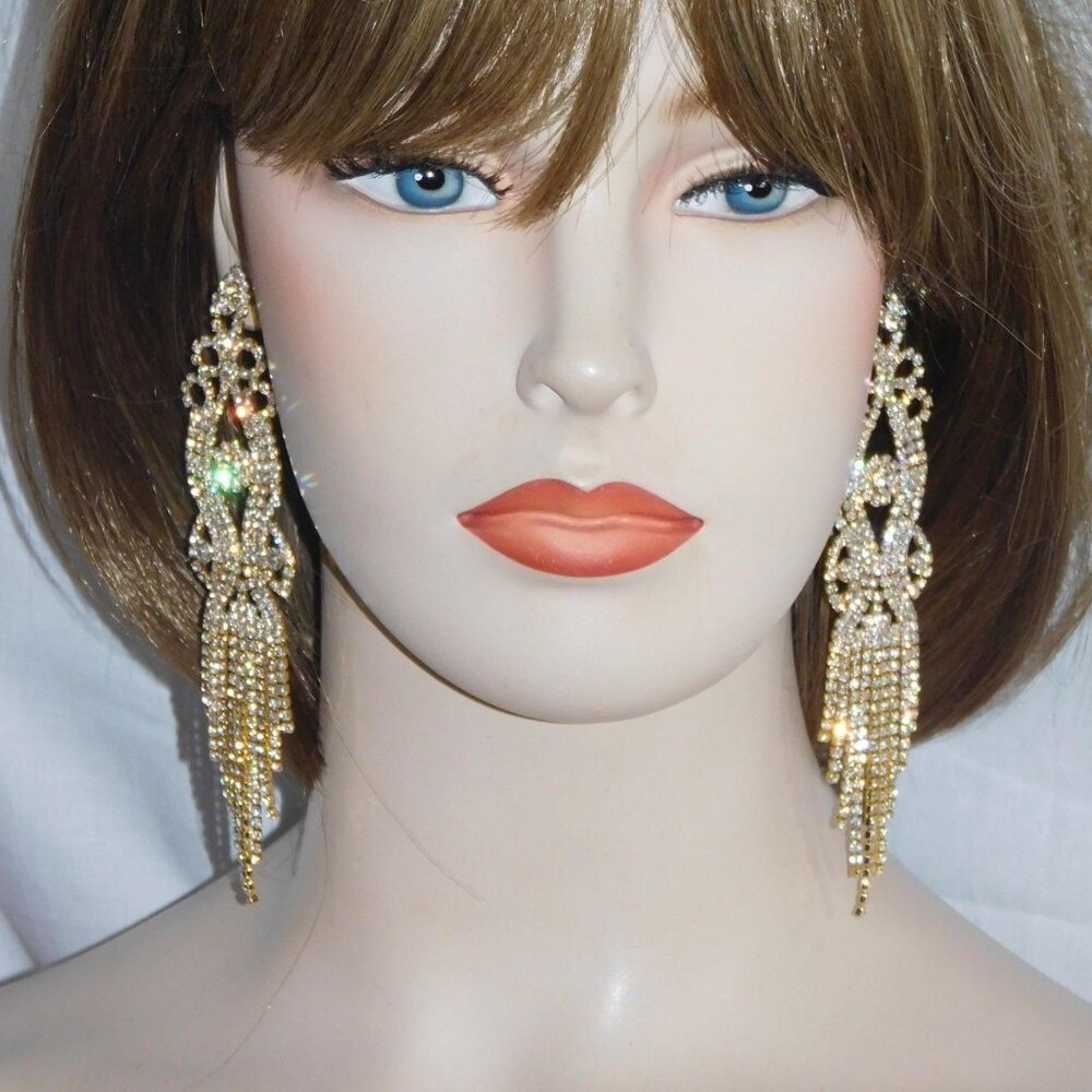 Gold Earrings Rhinestone Crystal Jewelry Dangle Drop Bridal Large Earrings 5767